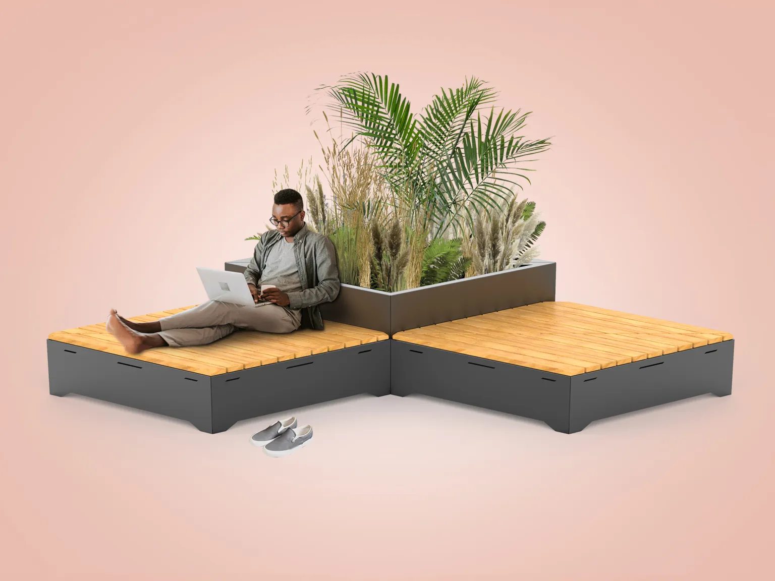 Origami-seeria pinkide ja lillekastide kompositsioon