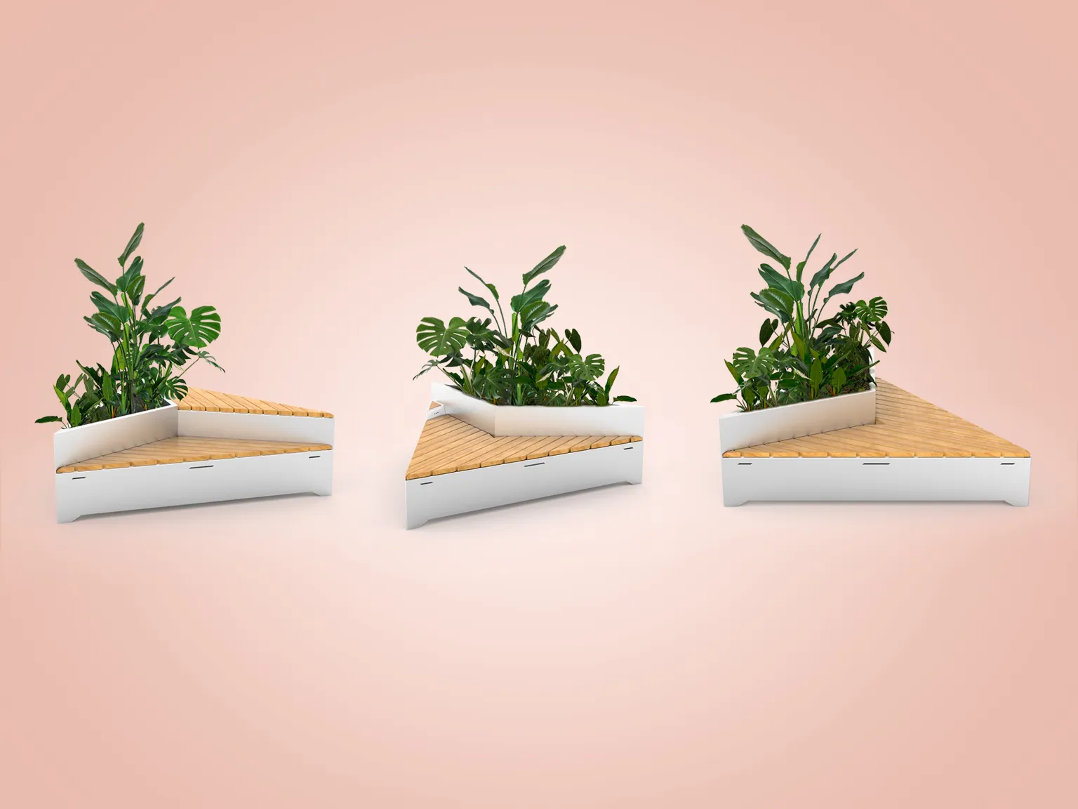 origami-stiilis pinkide ja lillekastide paigutus puhkealal