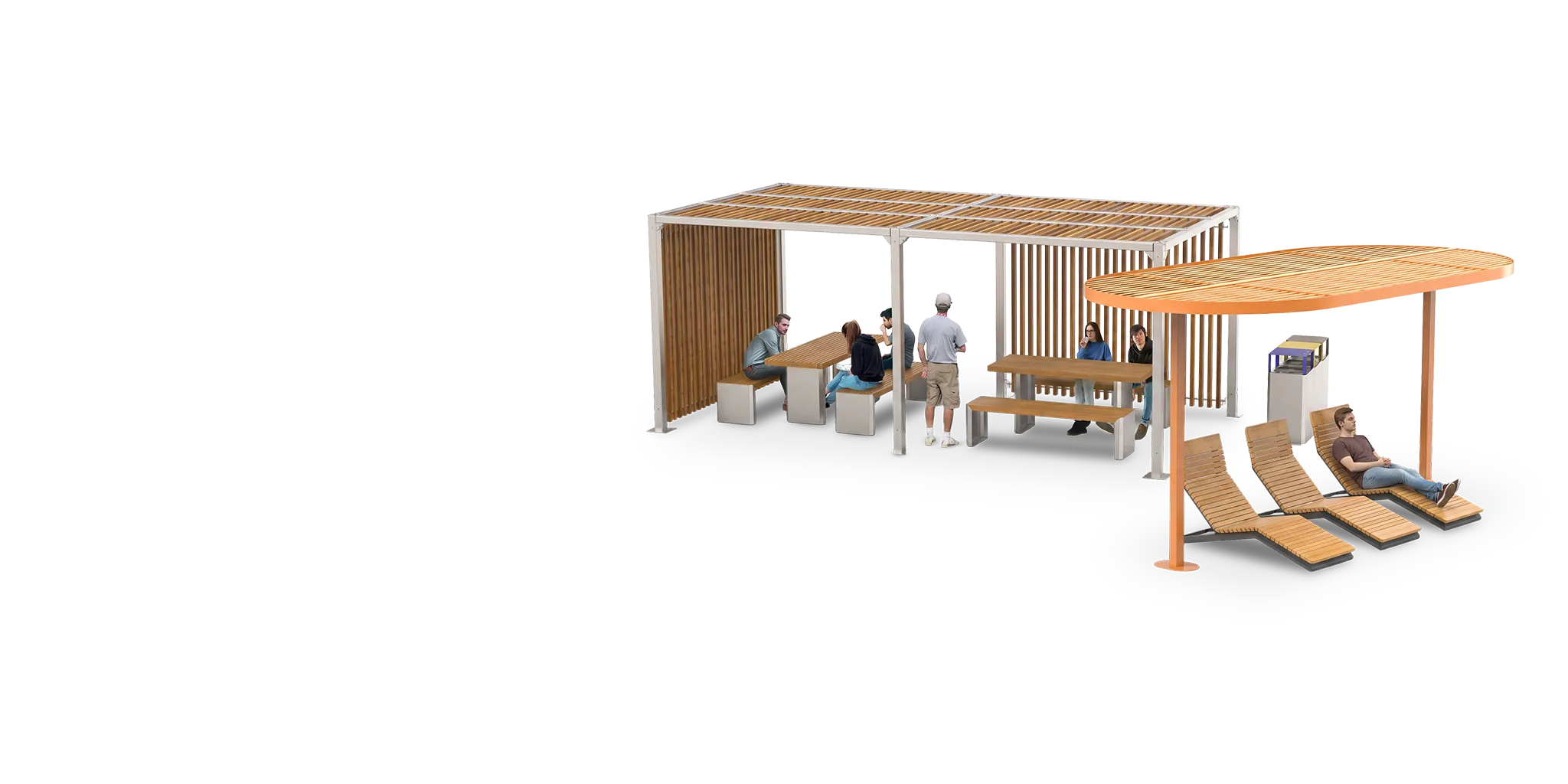 Terasest pergola puidust katusega, laudade ja pinkidega komplekt ning puidust ribidega lamamistoolid.