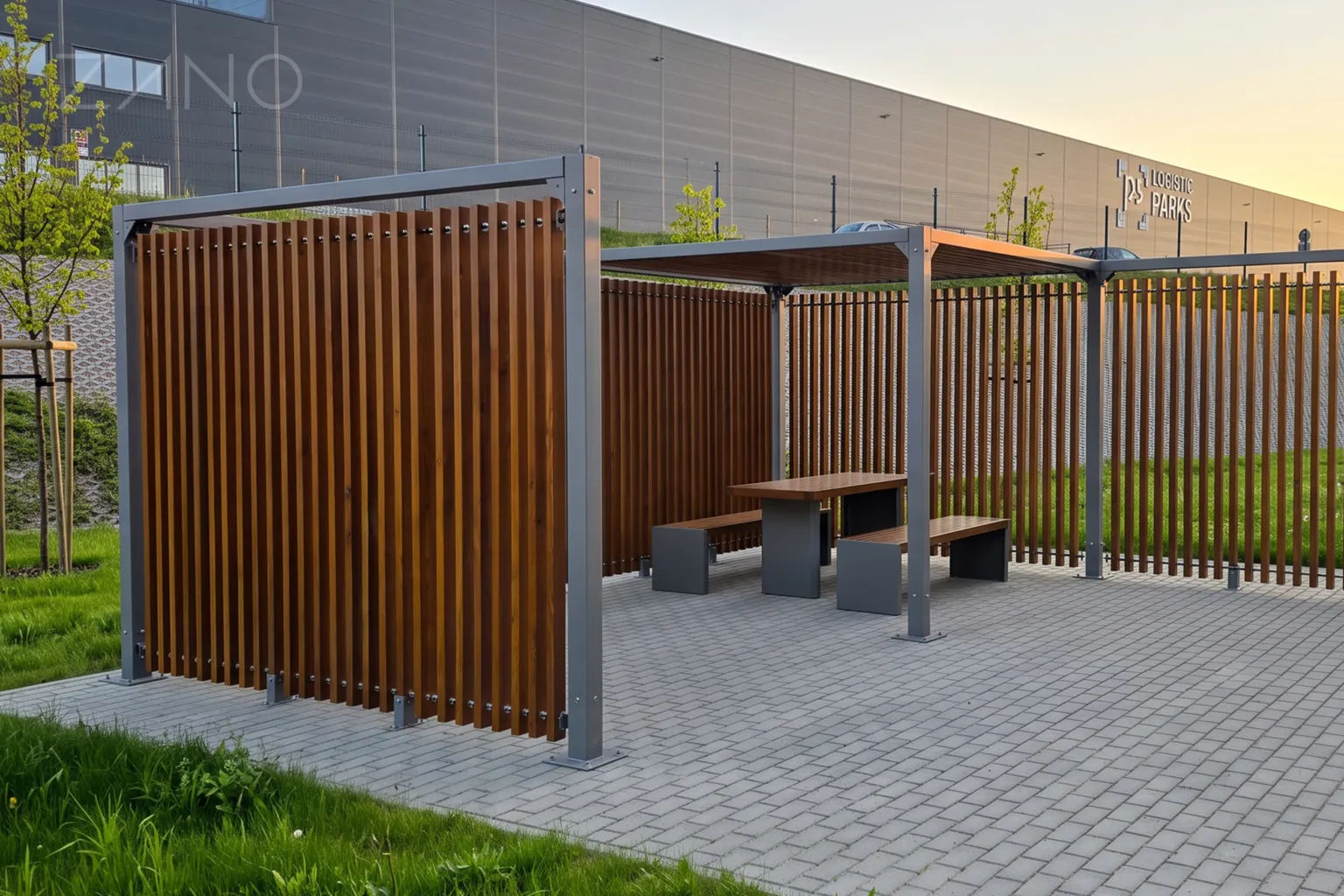 Terasest pergola puidust lamellseintega, laua ja pingid ning Stilo sarja kuuluv laud.