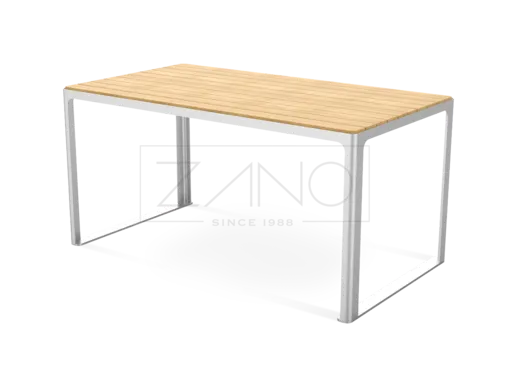 Kaasaegne linnalaud, mille puidust ülemine osa koosneb ribidest ja millel on minimalistlik terasraam.