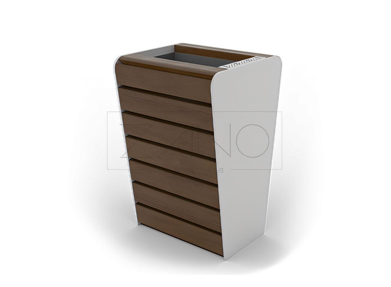 Jäätmekorv koos tuhatoosiga Pehme Jäätmekorv koos pehme tuhkakõrvega roostevabast terasest ja kuusepuust prügikastiga