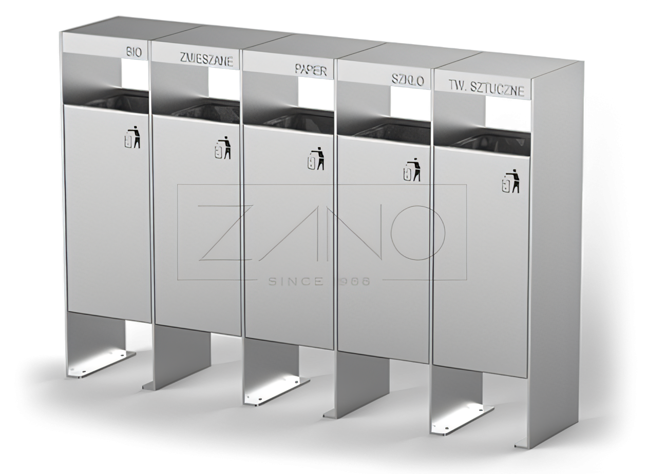 5-kambriline ringlussevõtu prügikast Lihtne prügikast sorteeritud jäätmete jaoks | ZANO linnamööbel